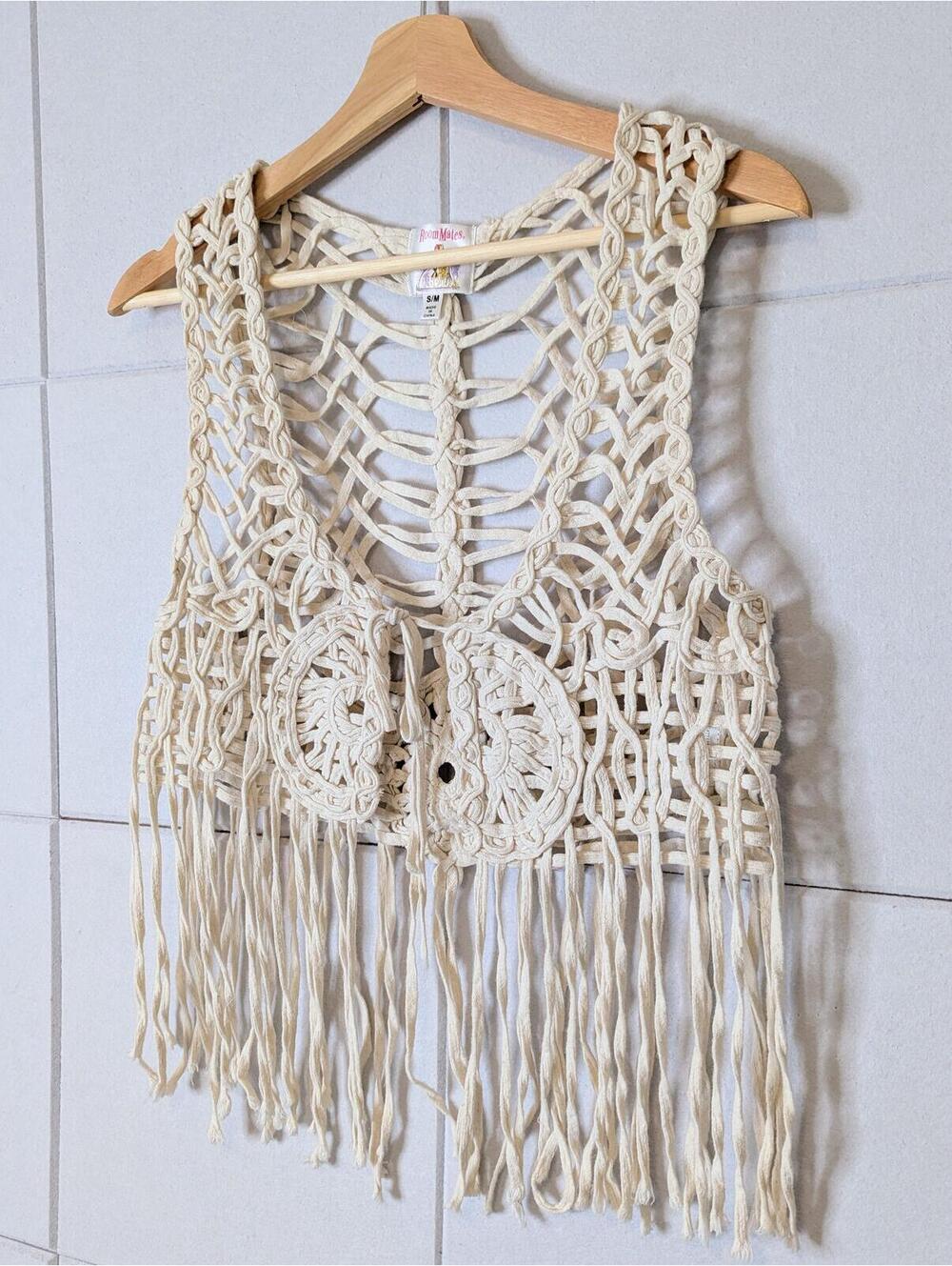 Vintage y2k cotton macrame fringe vest top